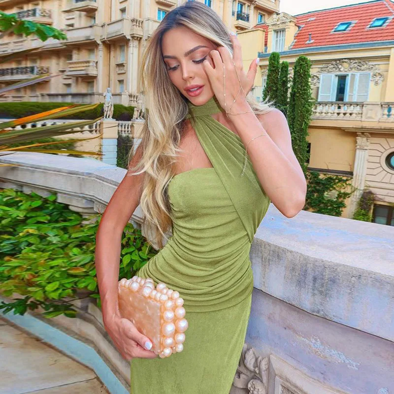 Mozision Halter Strapless Sexy Maxi Dress For Women Fashion Green Off-shoulder Backless Sleeveless Bodycon Elegant Long Dress