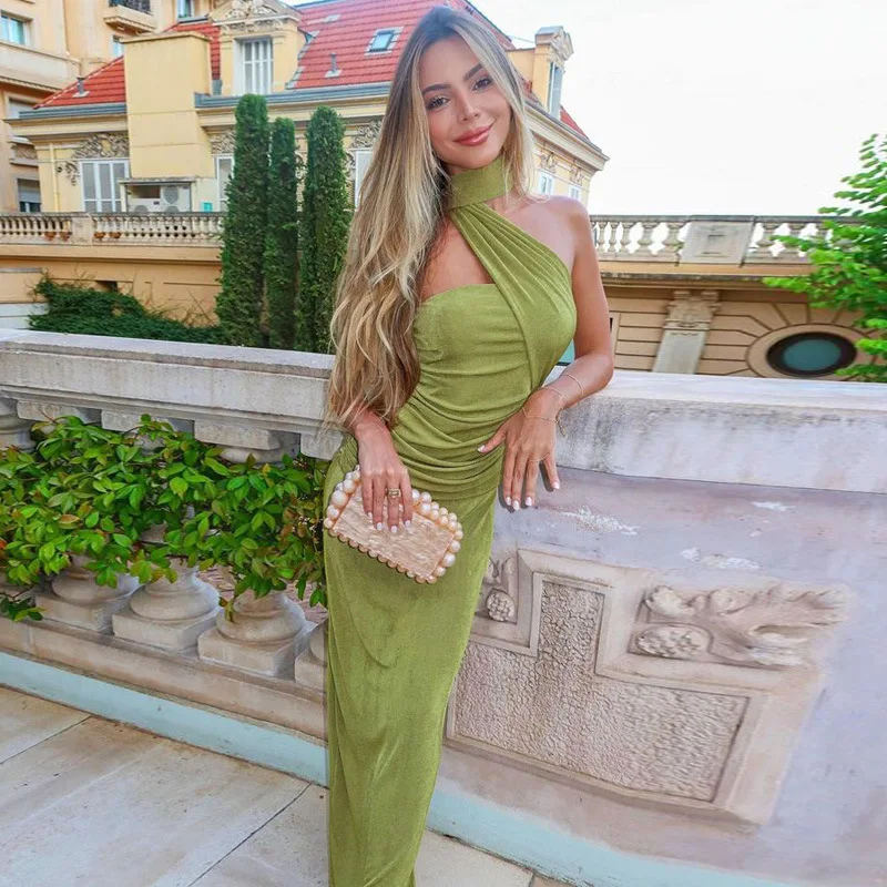 Mozision Halter Strapless Sexy Maxi Dress For Women Fashion Green Off-shoulder Backless Sleeveless Bodycon Elegant Long Dress