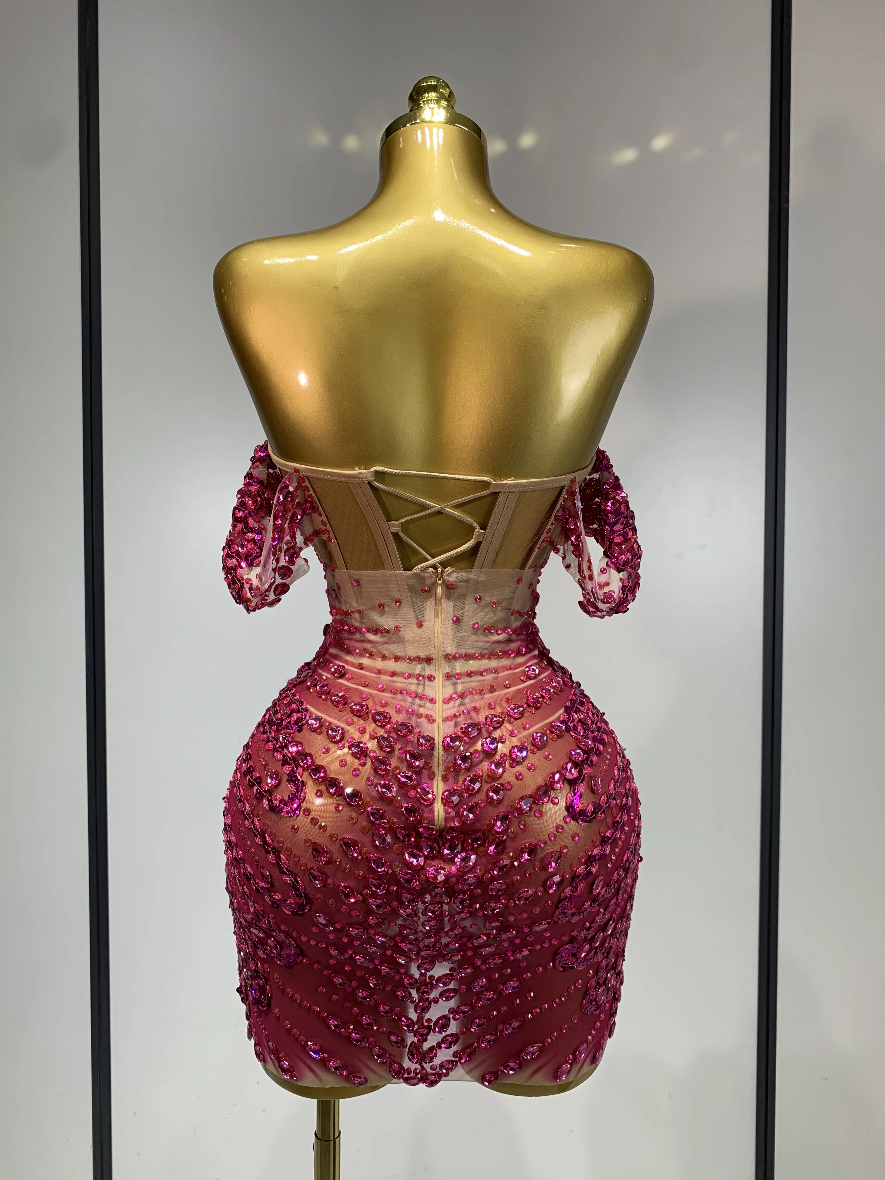 Women Sexy Sparkly Rhinestones Sequins Off The Shoulder Mesh Mini Dress Birthday Party Nightclub Dancer Stage PhotoShoot Costume