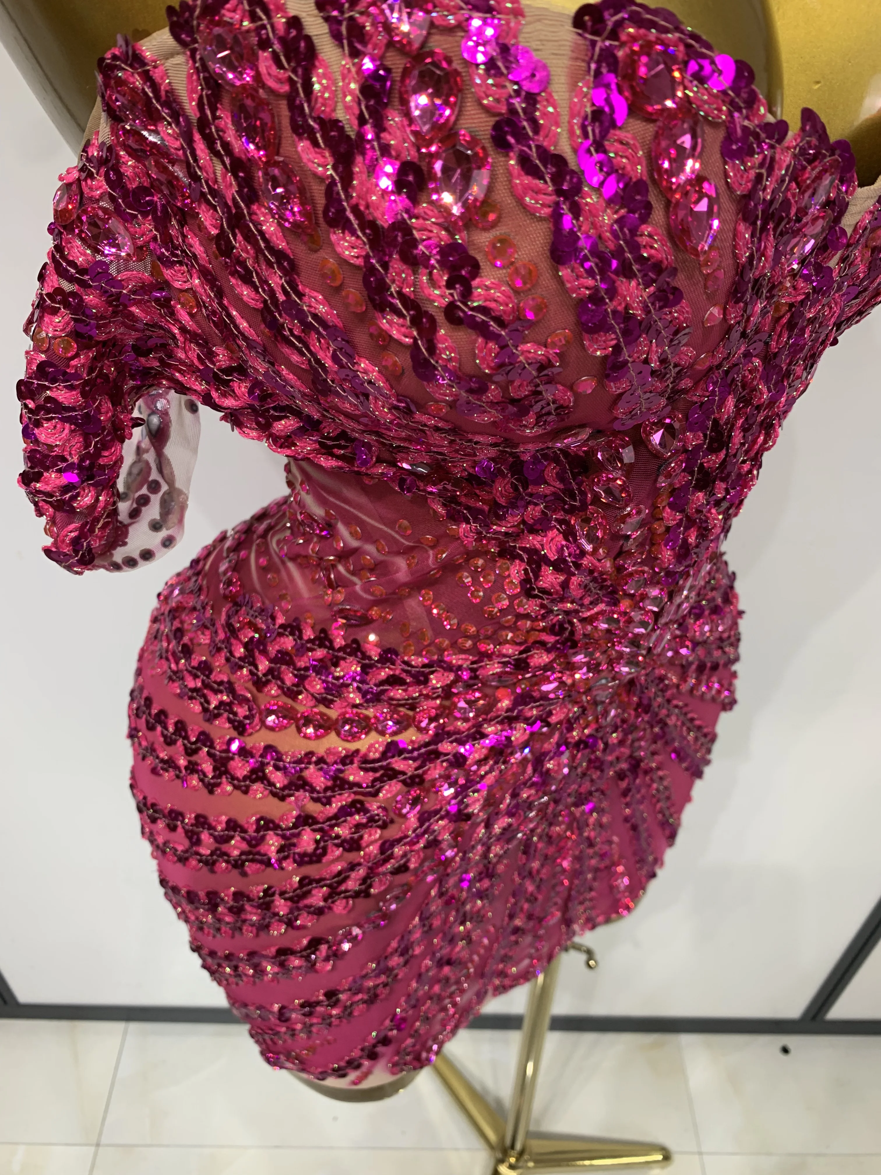 Women Sexy Sparkly Rhinestones Sequins Off The Shoulder Mesh Mini Dress Birthday Party Nightclub Dancer Stage PhotoShoot Costume