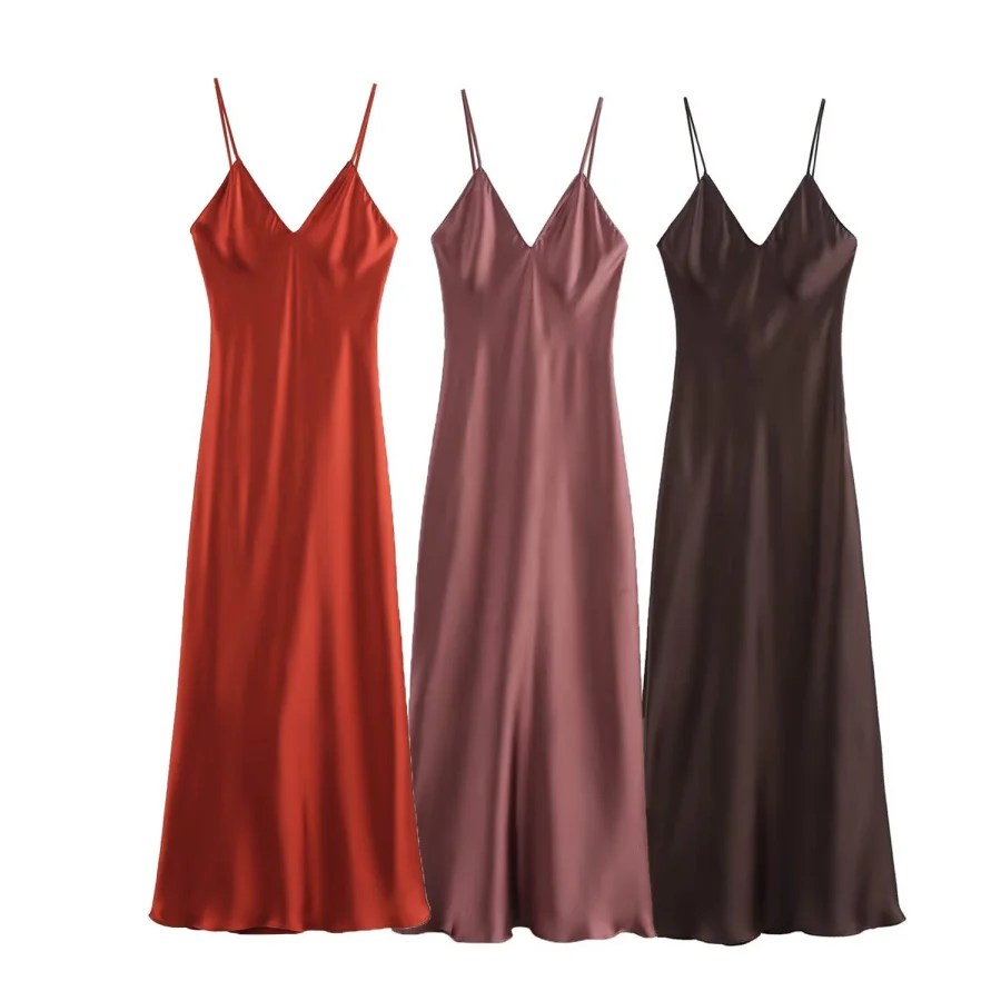 New Elegant women's fashion silk satin texture MIDI dress sexy backless party slip dress
