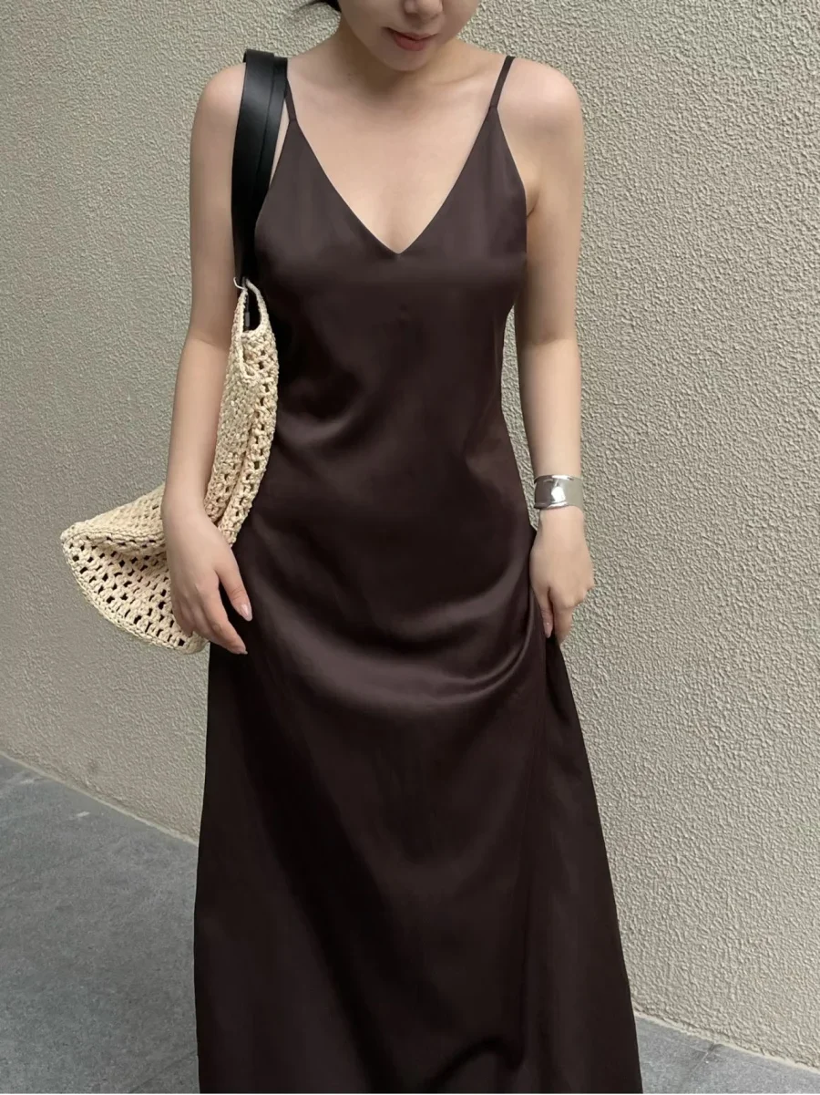New Elegant women's fashion silk satin texture MIDI dress sexy backless party slip dress