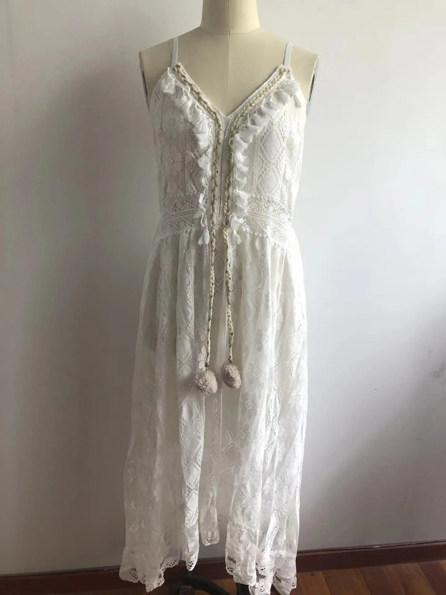 Women's Dress White Hollow Out Cotton Sundress Lace Sleeveless Long Splicing Summer Party Elegant Evening Woman Skirt Clothing