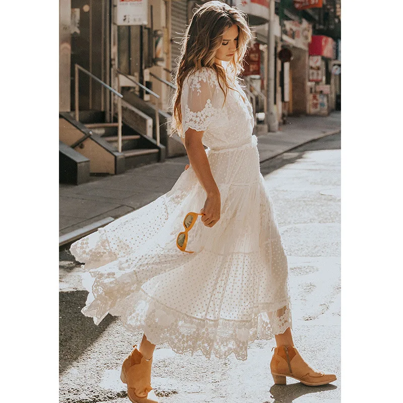 Women's Dress White Hollow Out Cotton Sundress Lace Sleeveless Long Splicing Summer Party Elegant Evening Woman Skirt Clothing
