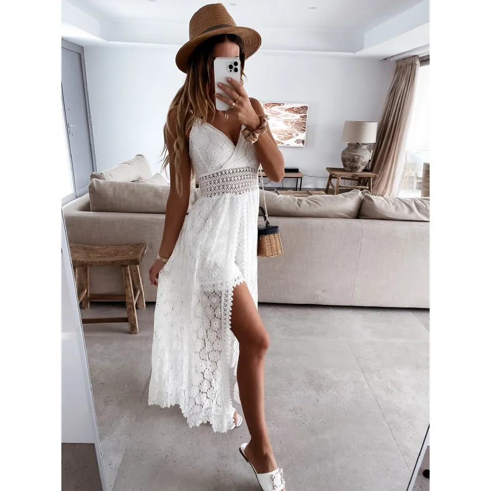 Women's Dress White Hollow Out Cotton Sundress Lace Sleeveless Long Splicing Summer Party Elegant Evening Woman Skirt Clothing