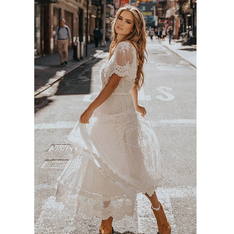 Women's Dress White Hollow Out Cotton Sundress Lace Sleeveless Long Splicing Summer Party Elegant Evening Woman Skirt Clothing
