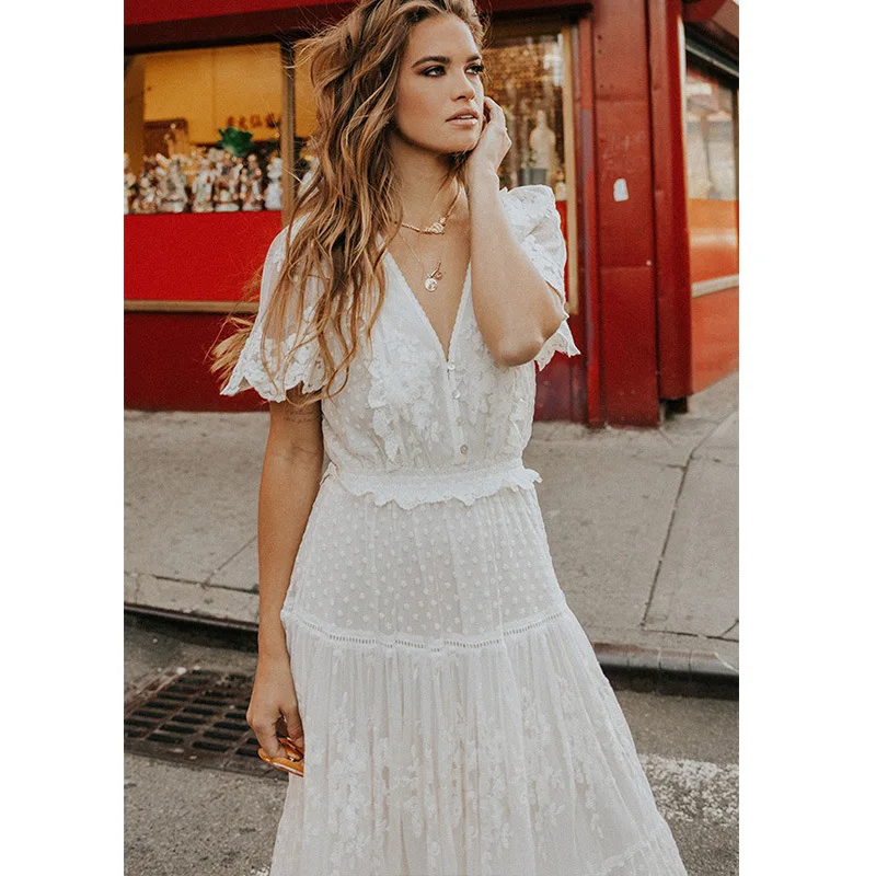 Women's Dress White Hollow Out Cotton Sundress Lace Sleeveless Long Splicing Summer Party Elegant Evening Woman Skirt Clothing