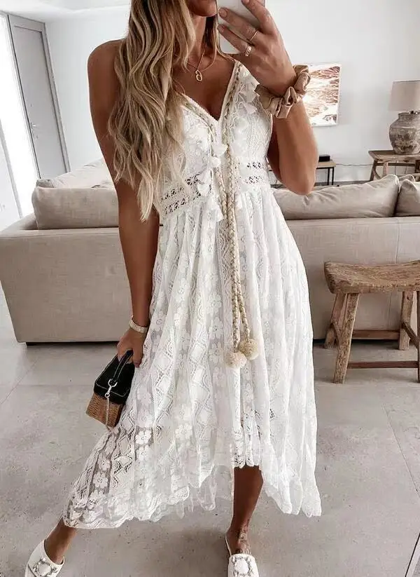 Women's Dress White Hollow Out Cotton Sundress Lace Sleeveless Long Splicing Summer Party Elegant Evening Woman Skirt Clothing