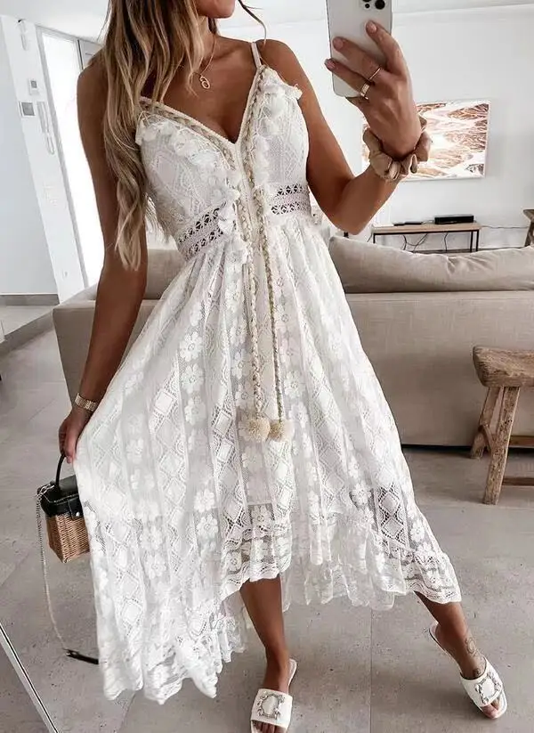 Women's Dress White Hollow Out Cotton Sundress Lace Sleeveless Long Splicing Summer Party Elegant Evening Woman Skirt Clothing