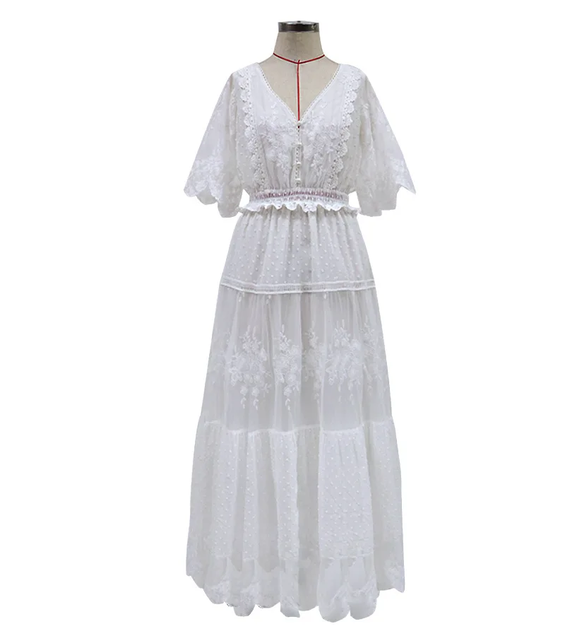 Women's Dress White Hollow Out Cotton Sundress Lace Sleeveless Long Splicing Summer Party Elegant Evening Woman Skirt Clothing