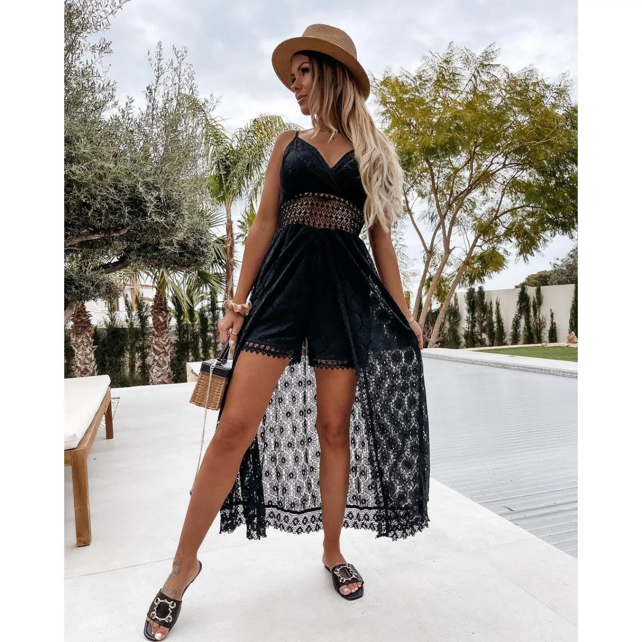 Women's Dress White Hollow Out Cotton Sundress Lace Sleeveless Long Splicing Summer Party Elegant Evening Woman Skirt Clothing