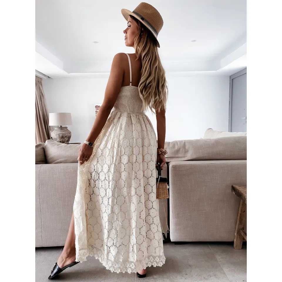 Women's Dress White Hollow Out Cotton Sundress Lace Sleeveless Long Splicing Summer Party Elegant Evening Woman Skirt Clothing
