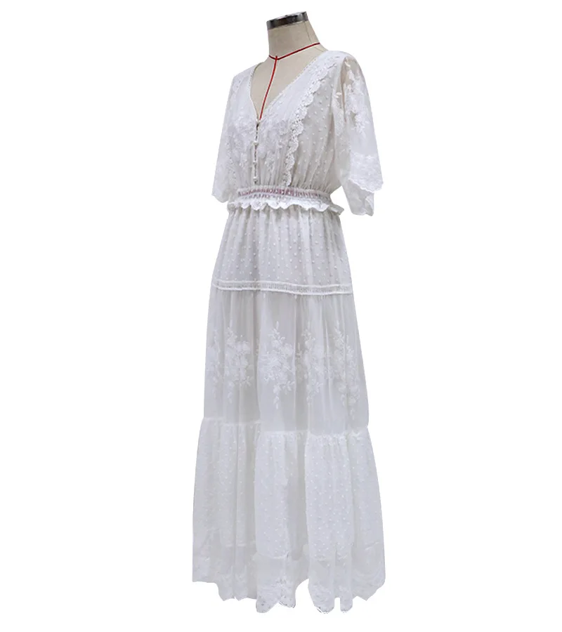 Women's Dress White Hollow Out Cotton Sundress Lace Sleeveless Long Splicing Summer Party Elegant Evening Woman Skirt Clothing