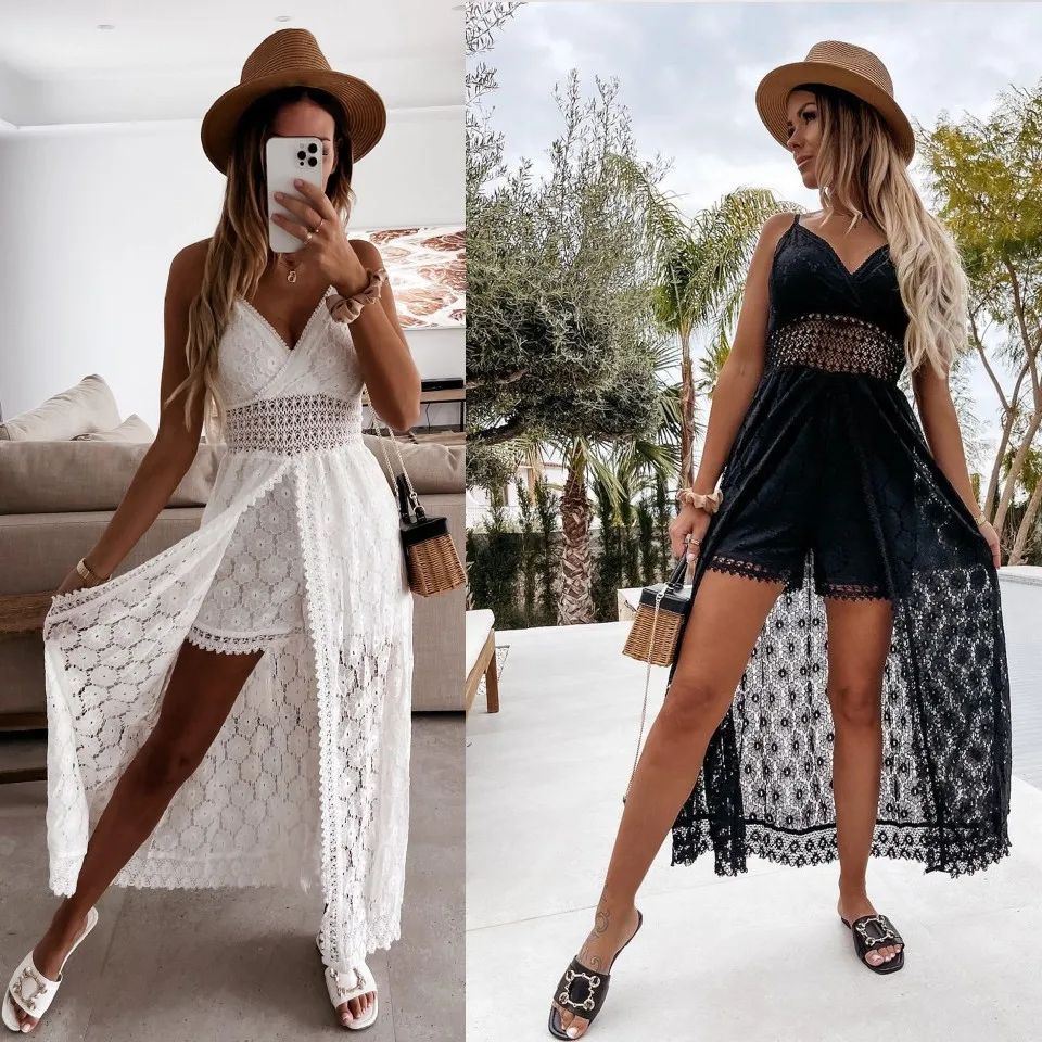 Women's Dress White Hollow Out Cotton Sundress Lace Sleeveless Long Splicing Summer Party Elegant Evening Woman Skirt Clothing