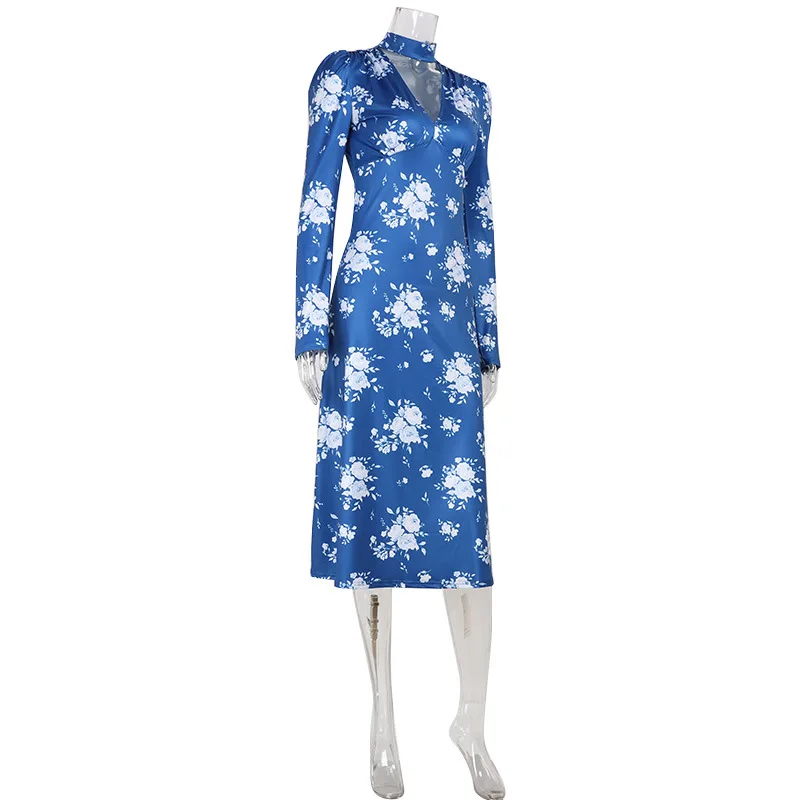 Printes Dresses For Women Fashion Sexy Streetwear Regular V-Neck Full Sleeves Bodycone Mid Vestidos Robes Female Casual Slim Fit
