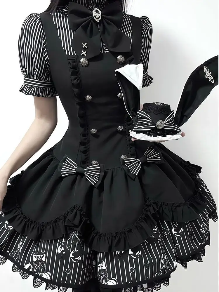 Gothic Lolita Harajuku Subculture Striped Puff Sleeve Bow Lace Mini Dress Women Y2k Double Breasted Casual Party Outfit New 2026