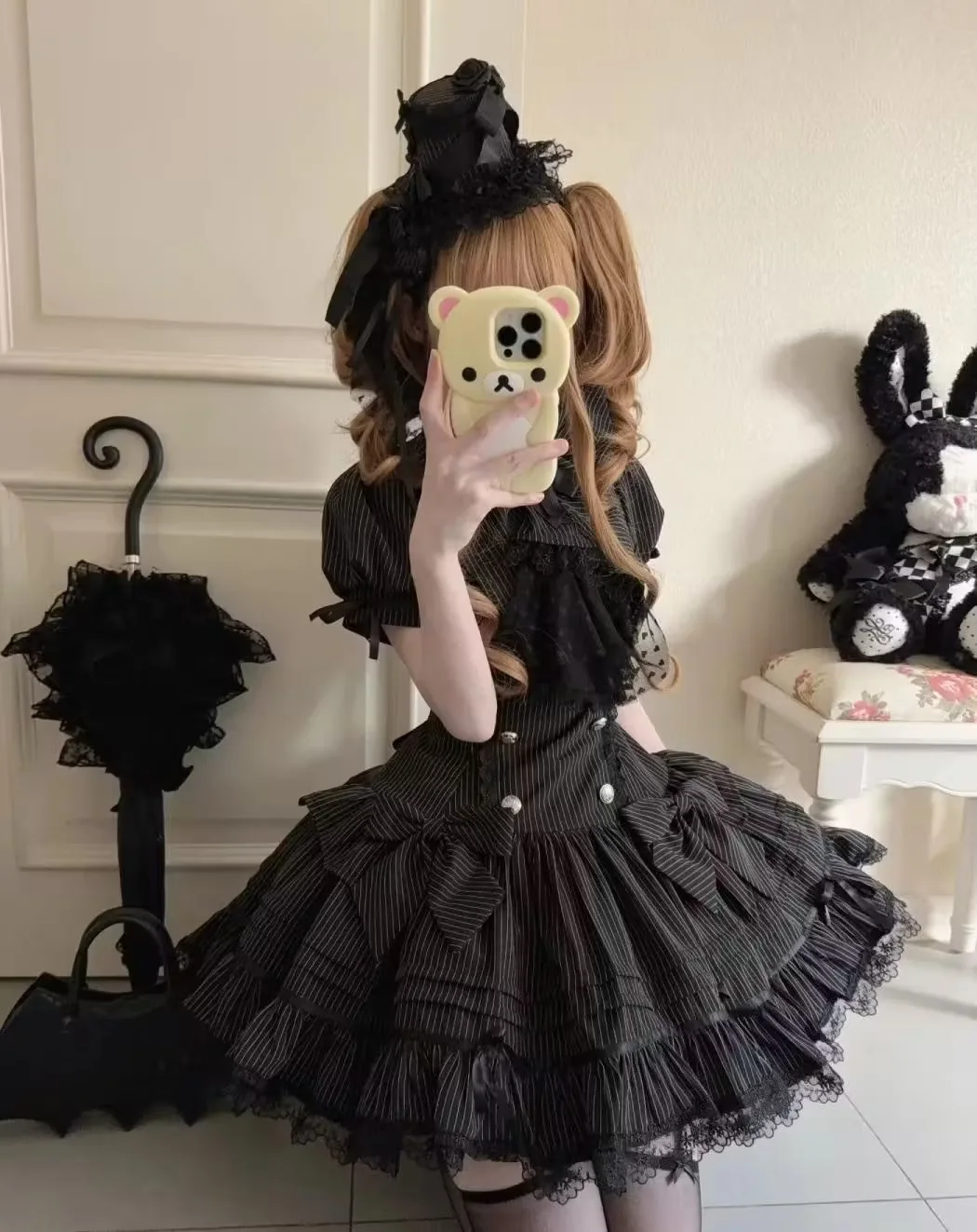 Gothic Lolita Harajuku Subculture Striped Puff Sleeve Bow Lace Mini Dress Women Y2k Double Breasted Casual Party Outfit New 2026