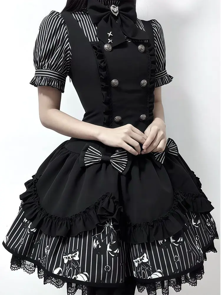 Gothic Lolita Harajuku Subculture Striped Puff Sleeve Bow Lace Mini Dress Women Y2k Double Breasted Casual Party Outfit New 2026