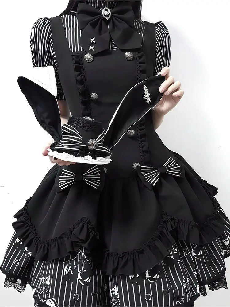 Gothic Lolita Harajuku Subculture Striped Puff Sleeve Bow Lace Mini Dress Women Y2k Double Breasted Casual Party Outfit New 2026