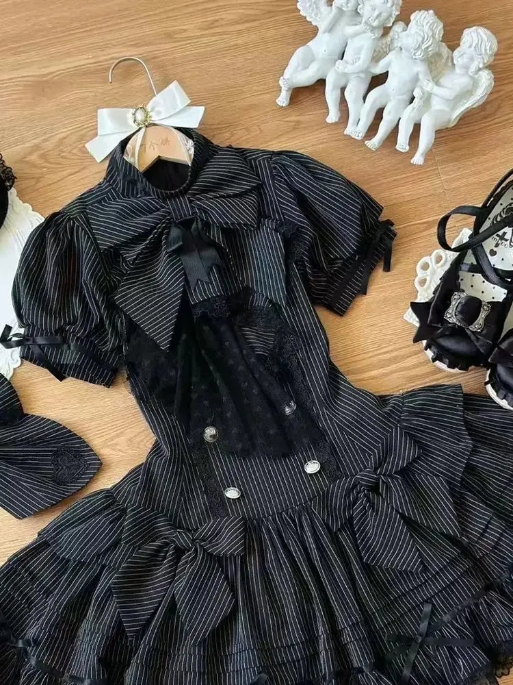 Gothic Lolita Harajuku Subculture Striped Puff Sleeve Bow Lace Mini Dress Women Y2k Double Breasted Casual Party Outfit New 2026