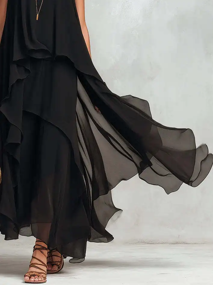 2026 New Black Sleeveless Irregular Chiffon Long Dress With Elegant Temperament For Women Dress