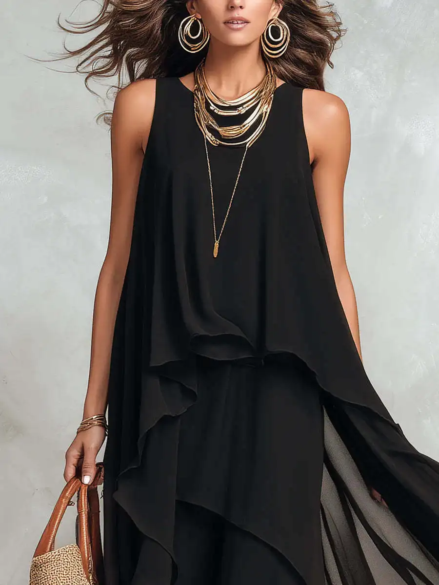 2026 New Black Sleeveless Irregular Chiffon Long Dress With Elegant Temperament For Women Dress