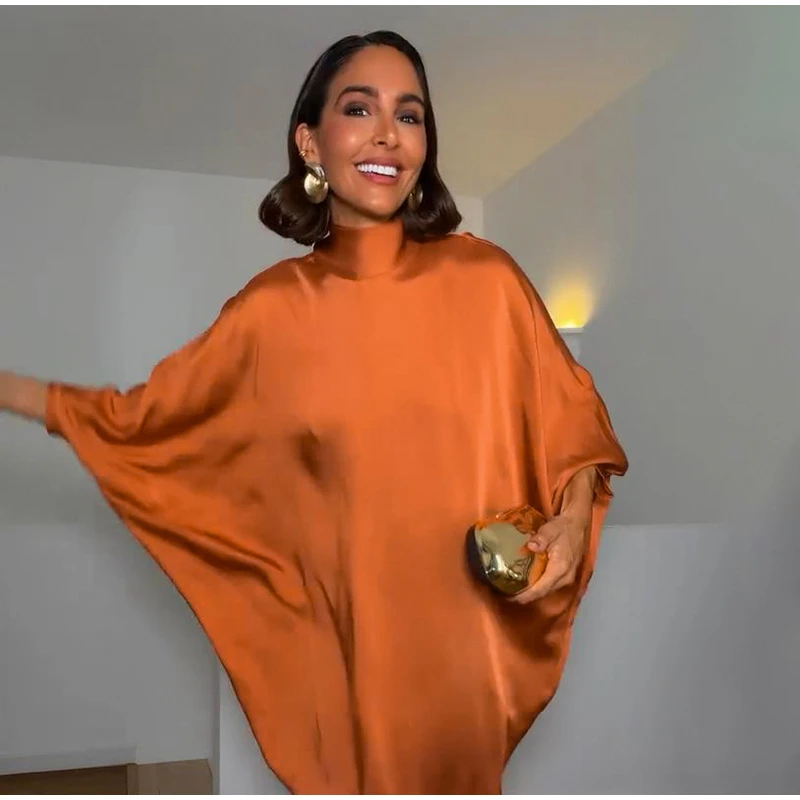 Loose Satin Orange Women's Maxi Dress Backless Lace Up Batwing Sleeve Slit Dresses 2026 Elegant Lady Party Holiday Robes