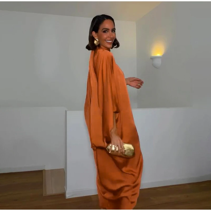 Loose Satin Orange Women's Maxi Dress Backless Lace Up Batwing Sleeve Slit Dresses 2026 Elegant Lady Party Holiday Robes