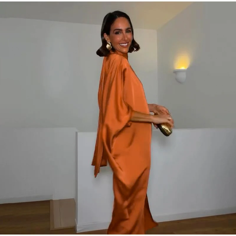 Loose Satin Orange Women's Maxi Dress Backless Lace Up Batwing Sleeve Slit Dresses 2026 Elegant Lady Party Holiday Robes