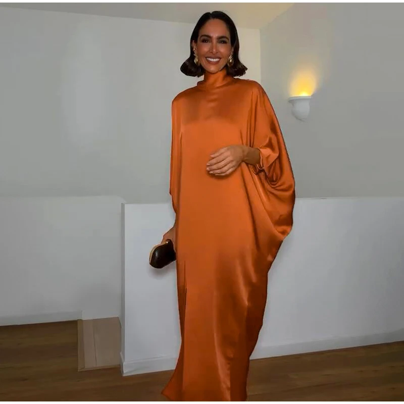 Loose Satin Orange Women's Maxi Dress Backless Lace Up Batwing Sleeve Slit Dresses 2026 Elegant Lady Party Holiday Robes
