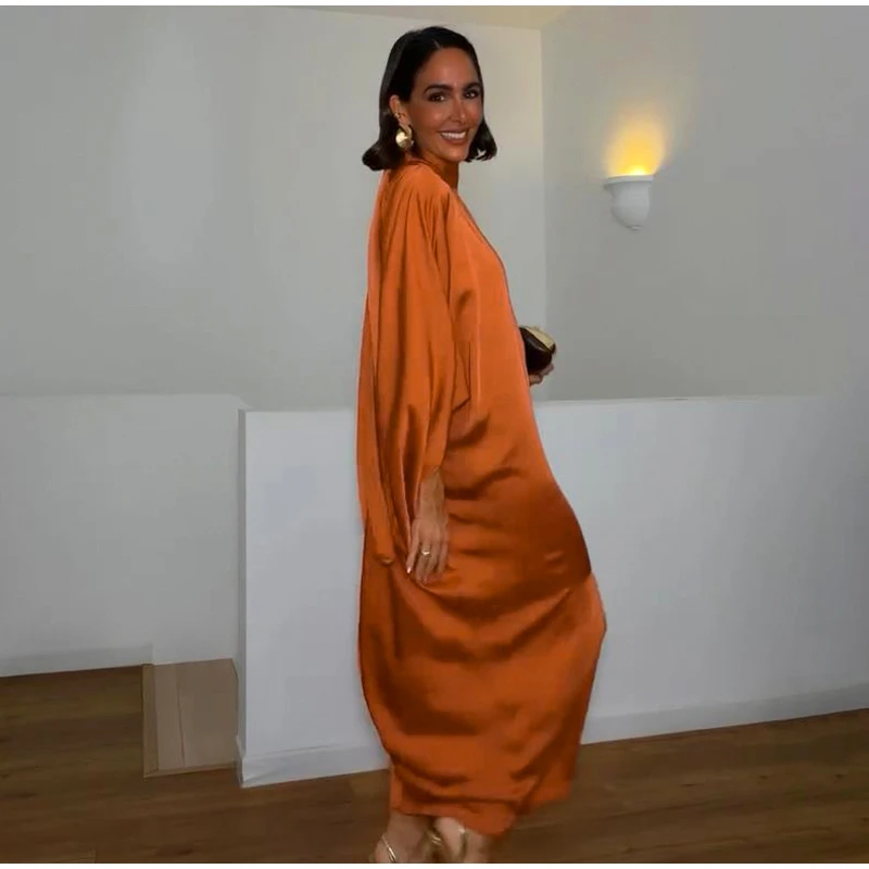 Loose Satin Orange Women's Maxi Dress Backless Lace Up Batwing Sleeve Slit Dresses 2026 Elegant Lady Party Holiday Robes