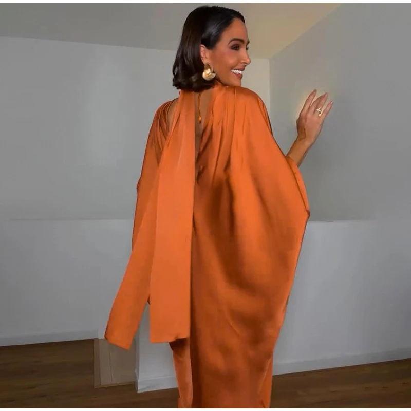 Loose Satin Orange Women's Maxi Dress Backless Lace Up Batwing Sleeve Slit Dresses 2026 Elegant Lady Party Holiday Robes
