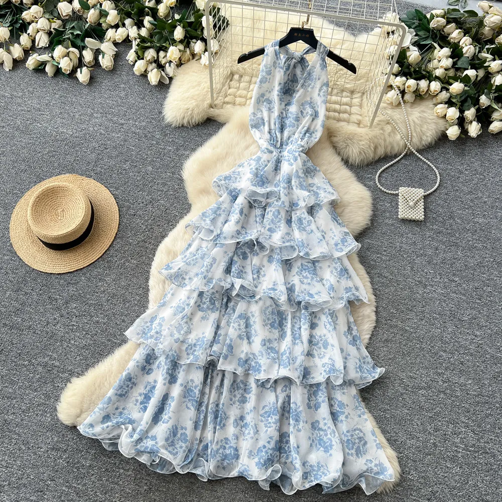 SINGREINY French Floral Party Dress Women Backless Halter V Neck Lace Up A-line Slim Chic 2026 Summer Elegant Chiffon Cake Dress
