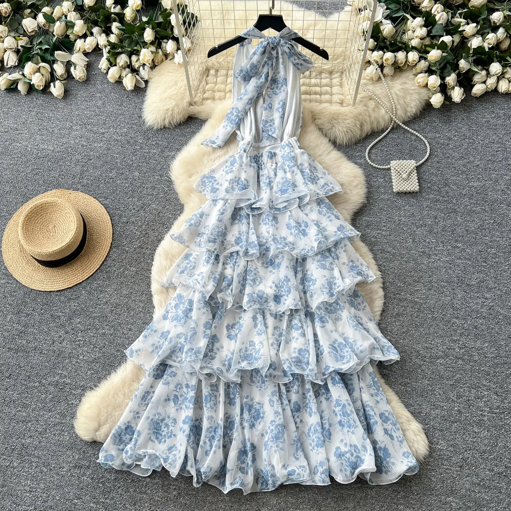 SINGREINY French Floral Party Dress Women Backless Halter V Neck Lace Up A-line Slim Chic 2026 Summer Elegant Chiffon Cake Dress