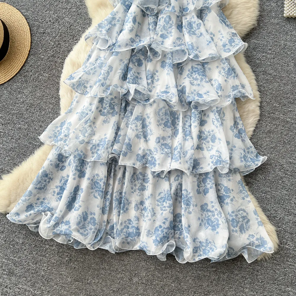 SINGREINY French Floral Party Dress Women Backless Halter V Neck Lace Up A-line Slim Chic 2026 Summer Elegant Chiffon Cake Dress