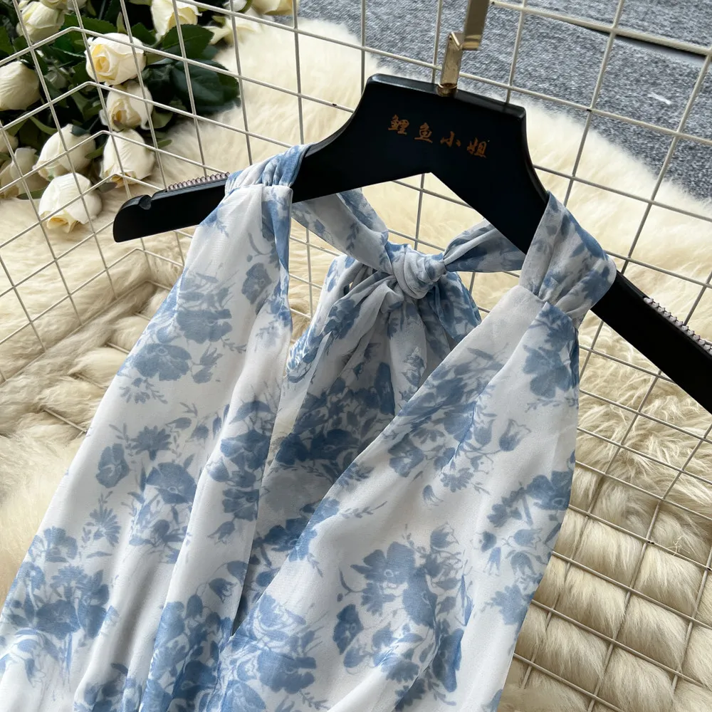SINGREINY French Floral Party Dress Women Backless Halter V Neck Lace Up A-line Slim Chic 2026 Summer Elegant Chiffon Cake Dress