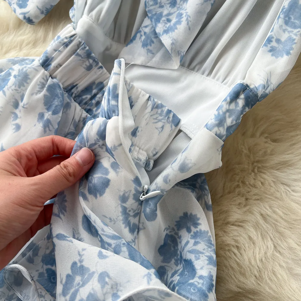 SINGREINY French Floral Party Dress Women Backless Halter V Neck Lace Up A-line Slim Chic 2026 Summer Elegant Chiffon Cake Dress