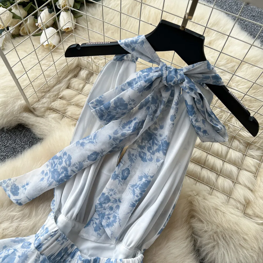 SINGREINY French Floral Party Dress Women Backless Halter V Neck Lace Up A-line Slim Chic 2026 Summer Elegant Chiffon Cake Dress
