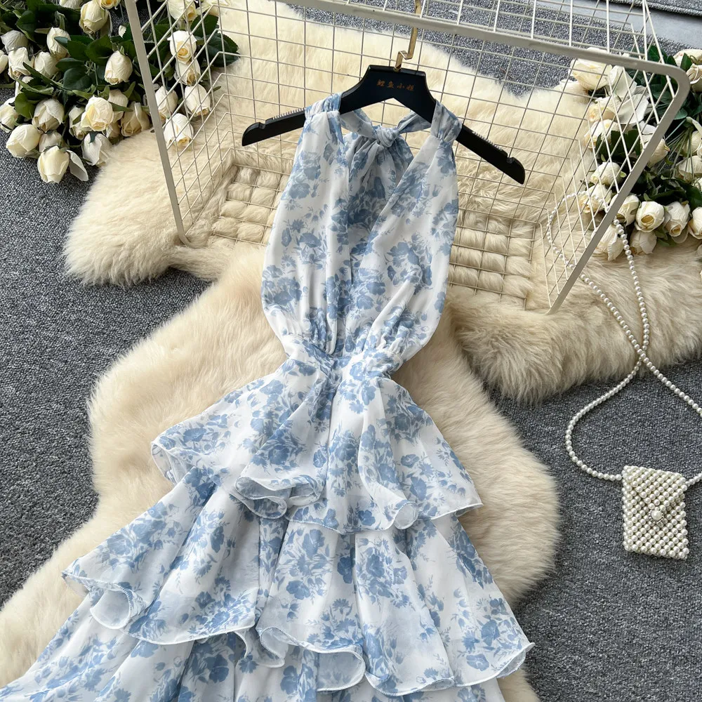 SINGREINY French Floral Party Dress Women Backless Halter V Neck Lace Up A-line Slim Chic 2026 Summer Elegant Chiffon Cake Dress