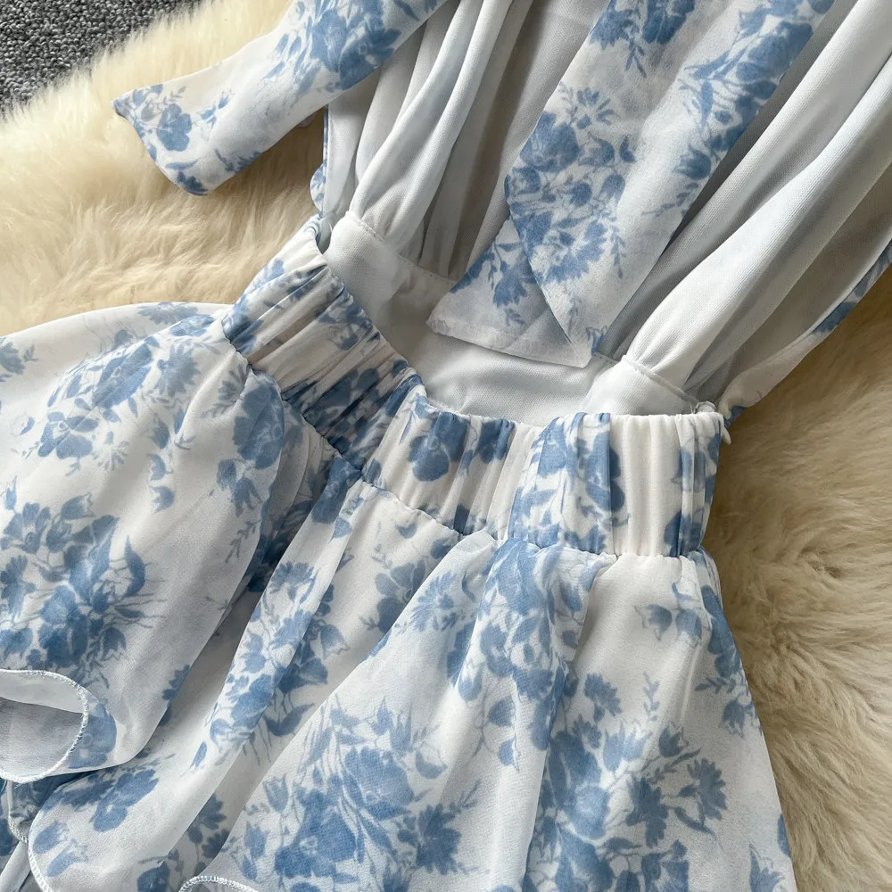 SINGREINY French Floral Party Dress Women Backless Halter V Neck Lace Up A-line Slim Chic 2026 Summer Elegant Chiffon Cake Dress