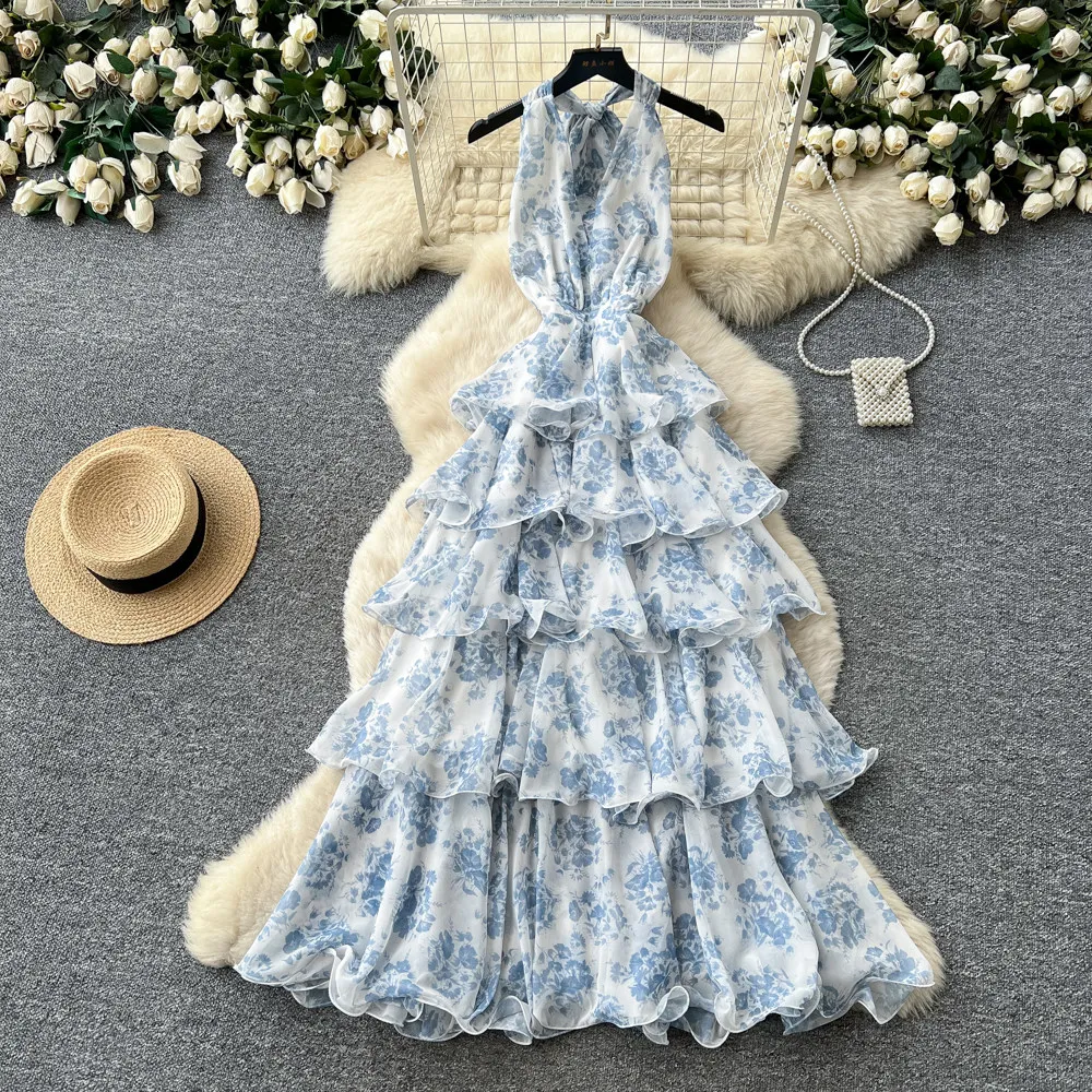 SINGREINY French Floral Party Dress Women Backless Halter V Neck Lace Up A-line Slim Chic 2026 Summer Elegant Chiffon Cake Dress