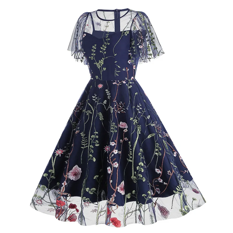 Evening Party Elegant Retro Dress Luxury 2025 Women Summer O-Neck Floral Mesh Embroidered 60s 70s Vintage Midi Dresses Vestidos