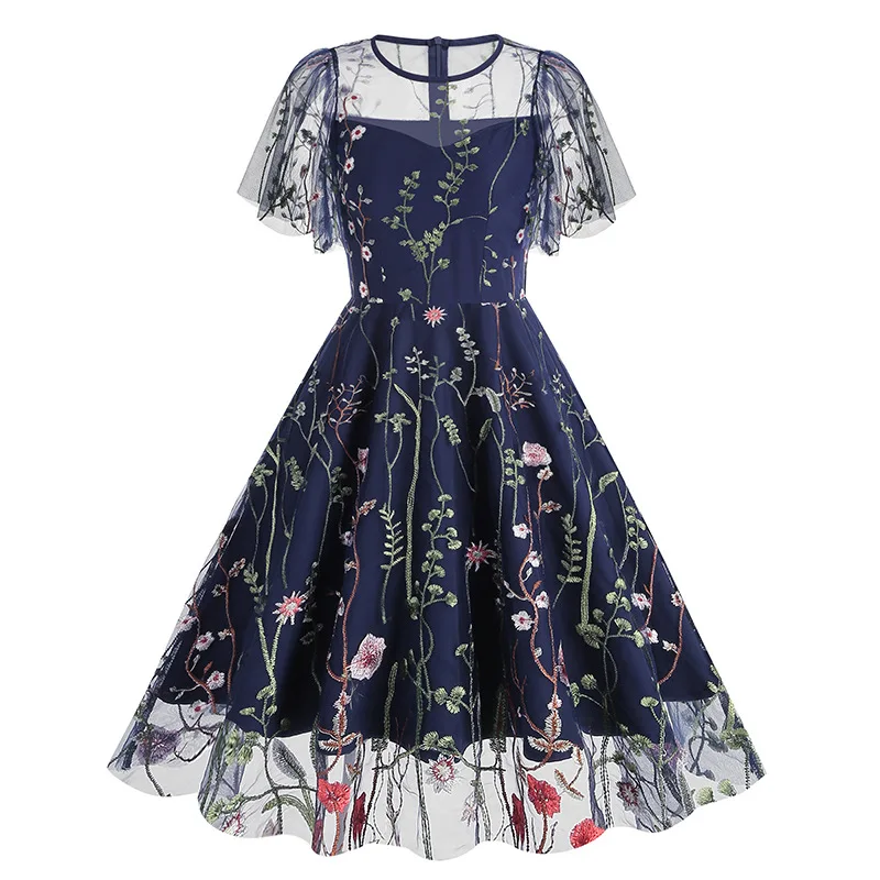 Evening Party Elegant Retro Dress Luxury 2025 Women Summer O-Neck Floral Mesh Embroidered 60s 70s Vintage Midi Dresses Vestidos