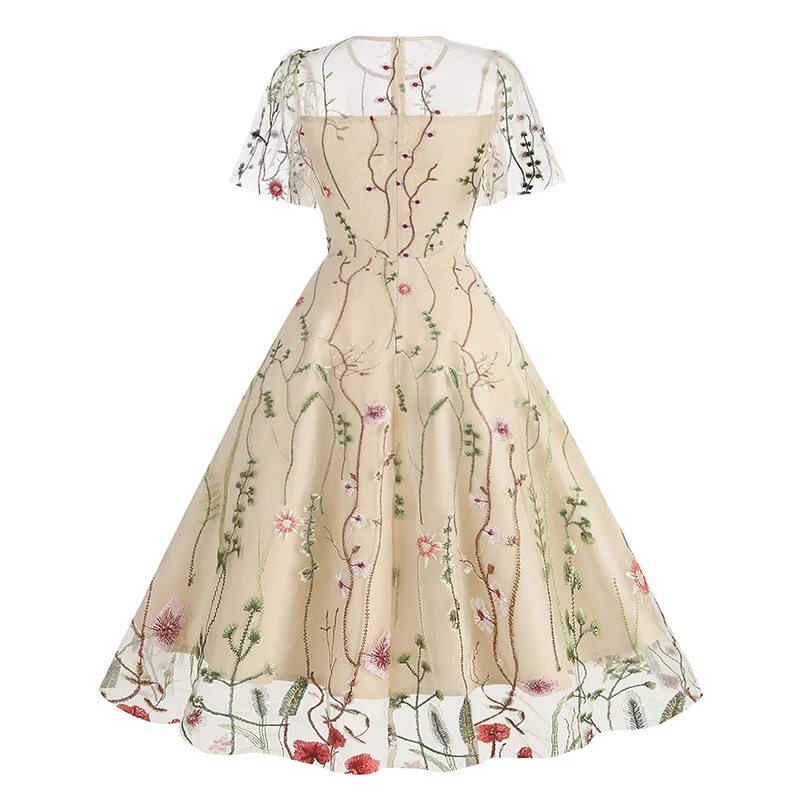 Evening Party Elegant Retro Dress Luxury 2025 Women Summer O-Neck Floral Mesh Embroidered 60s 70s Vintage Midi Dresses Vestidos