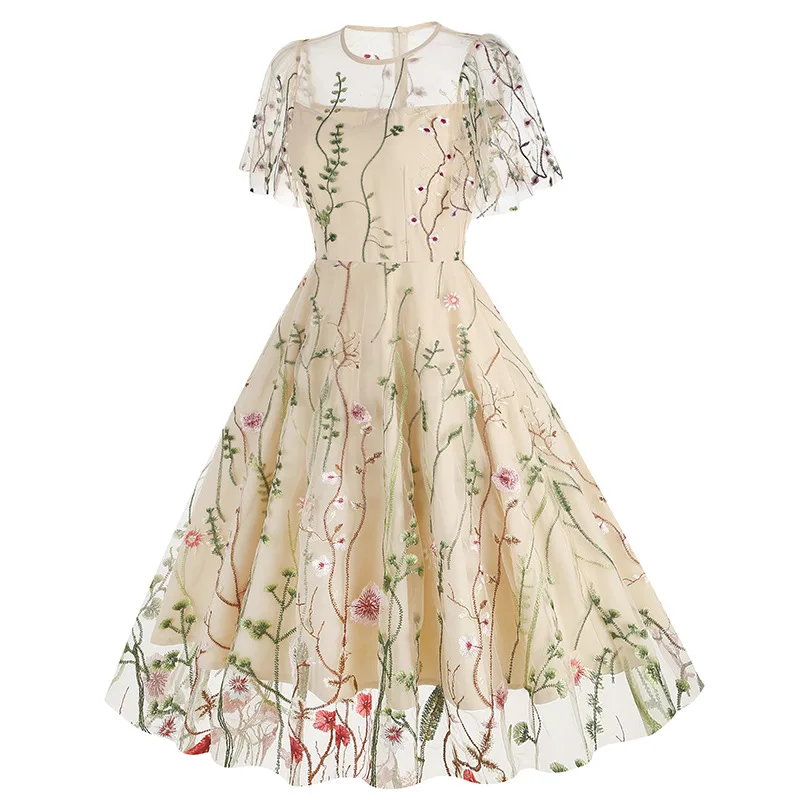Evening Party Elegant Retro Dress Luxury 2025 Women Summer O-Neck Floral Mesh Embroidered 60s 70s Vintage Midi Dresses Vestidos