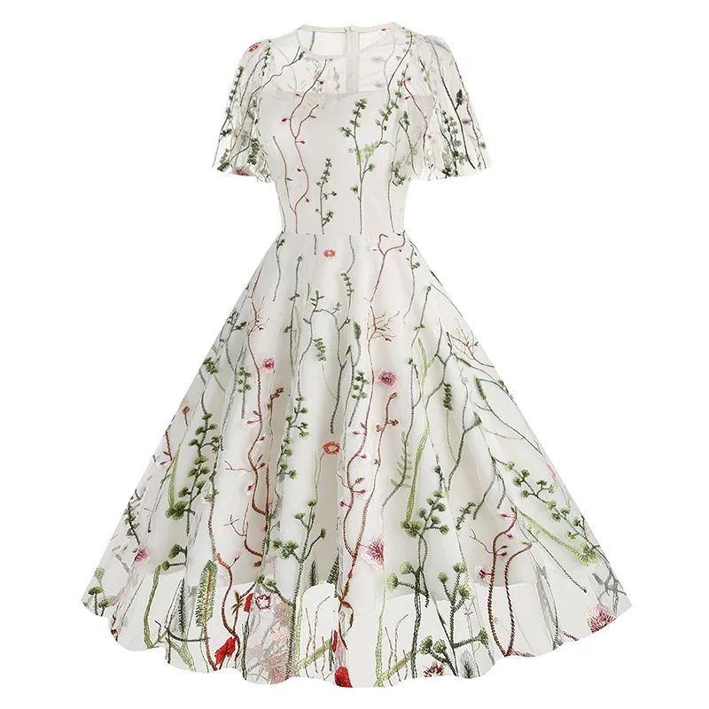 Evening Party Elegant Retro Dress Luxury 2025 Women Summer O-Neck Floral Mesh Embroidered 60s 70s Vintage Midi Dresses Vestidos