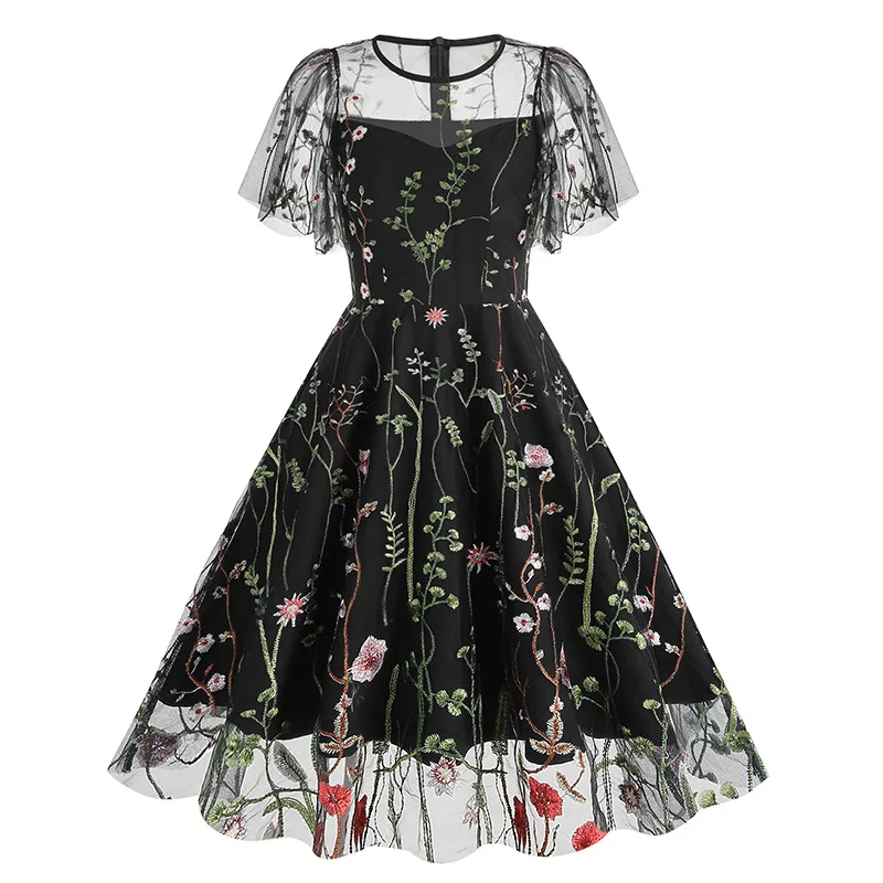 Evening Party Elegant Retro Dress Luxury 2025 Women Summer O-Neck Floral Mesh Embroidered 60s 70s Vintage Midi Dresses Vestidos