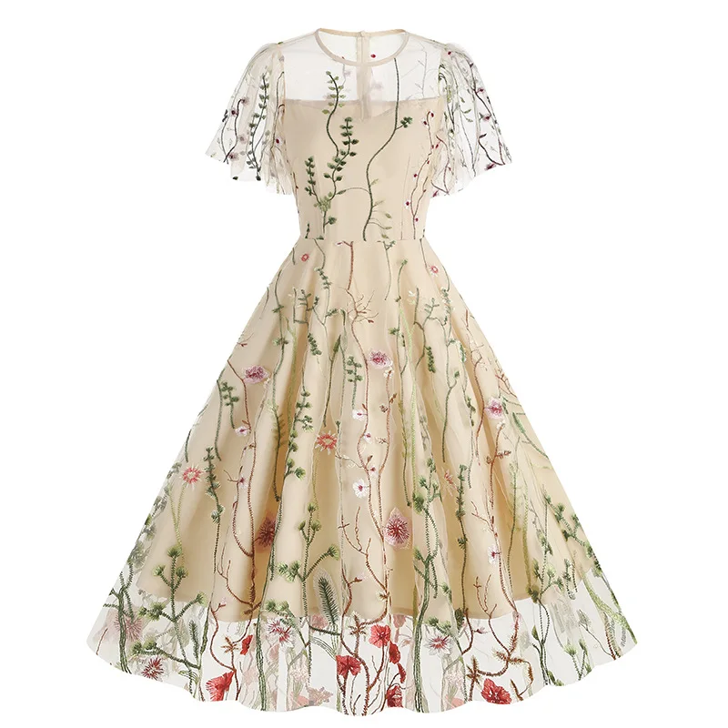 Evening Party Elegant Retro Dress Luxury 2025 Women Summer O-Neck Floral Mesh Embroidered 60s 70s Vintage Midi Dresses Vestidos