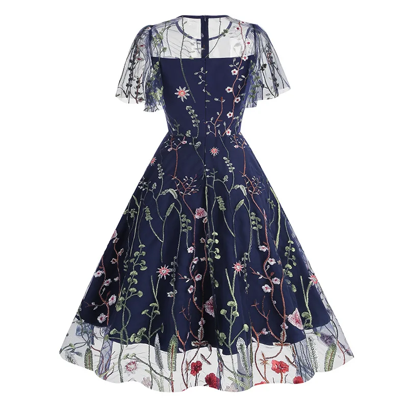 Evening Party Elegant Retro Dress Luxury 2025 Women Summer O-Neck Floral Mesh Embroidered 60s 70s Vintage Midi Dresses Vestidos