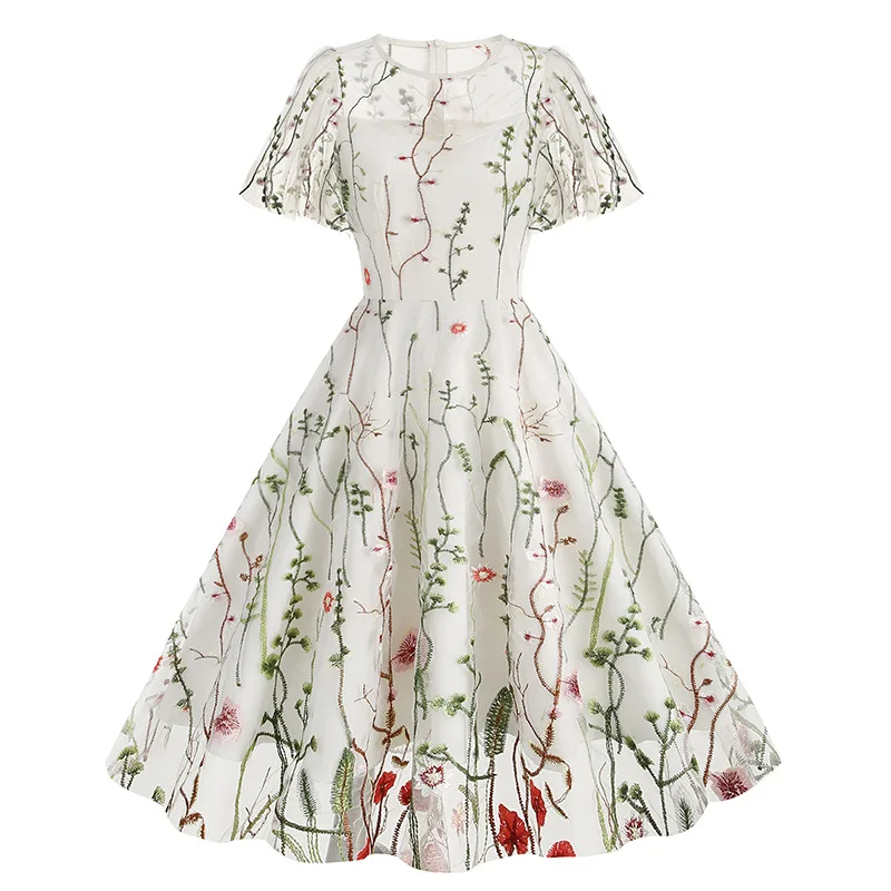 Evening Party Elegant Retro Dress Luxury 2025 Women Summer O-Neck Floral Mesh Embroidered 60s 70s Vintage Midi Dresses Vestidos